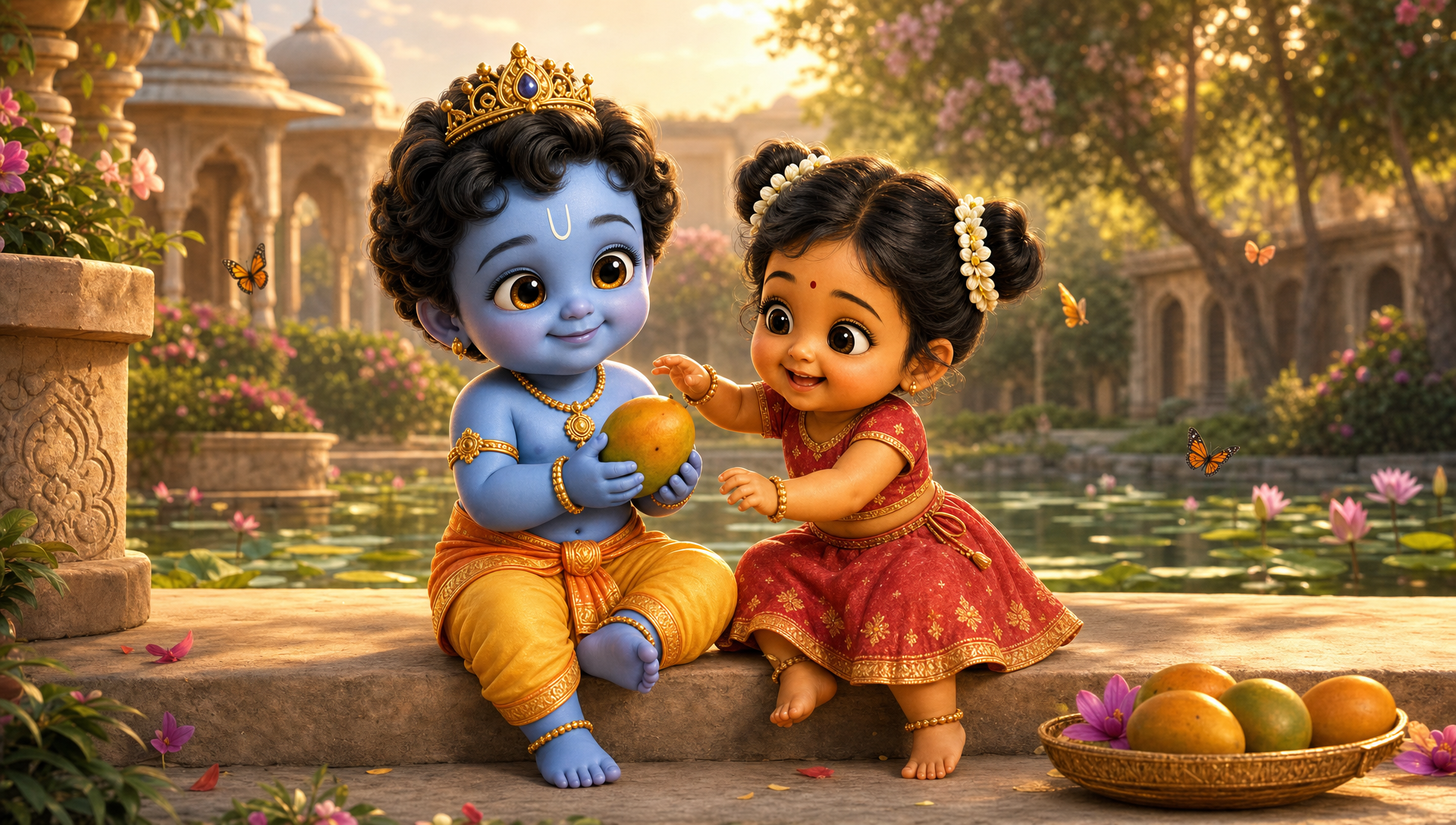 Krishna and Radha sharing a mango in the garden
