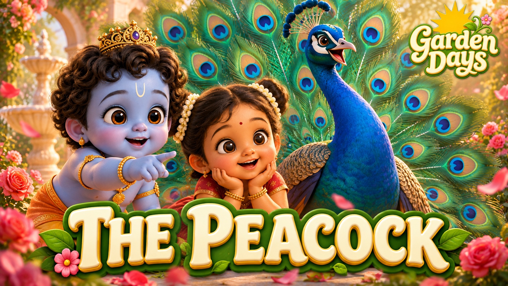 Baby Krishna and Radha with a peacock